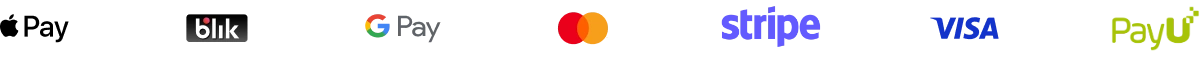 Akzeptierte Zahlungen: Apple Pay, BLIK, Google Pay, Mastercard, Stripe, Visa, PayU