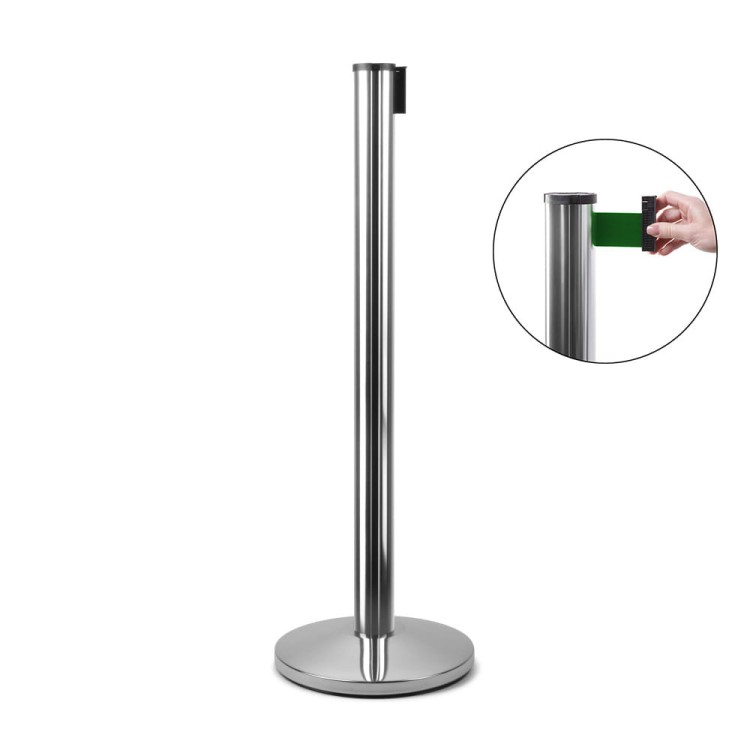 Słupek z taśmą zwijaną 270 cm J-EXTBE - Chrom z zieloną taśmą - Słupek odgradzający hotelowy słupek z taśmą zwijaną do Hotelu do Restauracji do strefy VIP