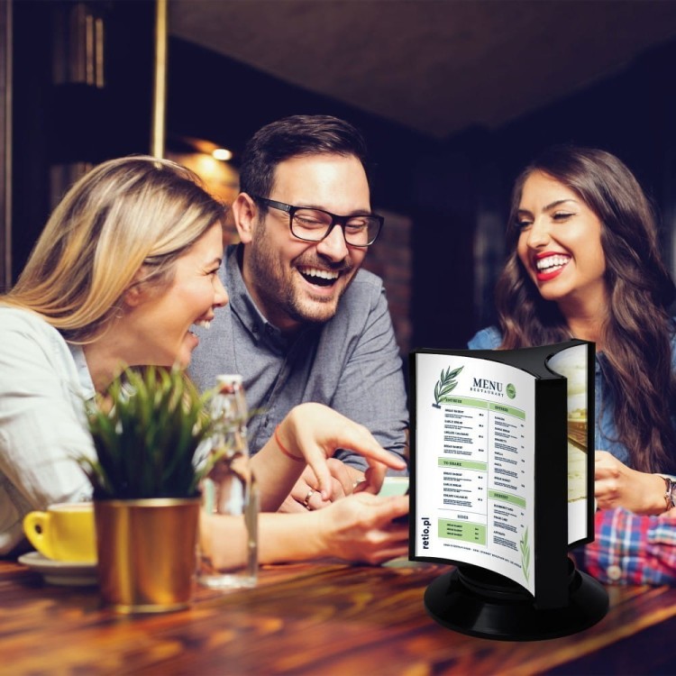 Przykład wykorzystania - Stojak trójstronny informacyjny na menu SCRITTO® A4 przeglądarka ekspozytor trójstronny do postawienia na stół stojak na menu na informację na ulotkę na plakat
