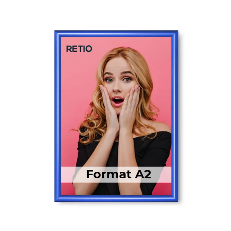 Ramka zatrzaskowa KRAST A2 (42,0 x 59,4 cm) aluminiowa niebieska z ostrym prostym narożnikiem rama ramka plakatowa OWZ ścienna na plakat na zdjęcia profil 25 mm