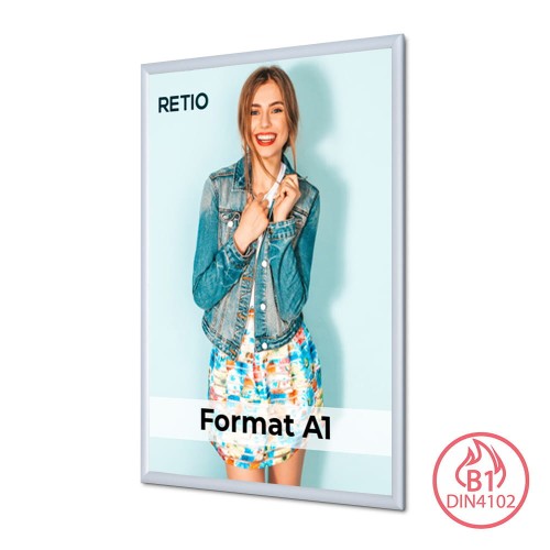 Ramka zatrzaskowa KRAST A1 (59,4 x 84,1 cm) aluminiowa srebrna z ostrym prostym narożnikiem i certyfikatem trudnopalności rama ramka plakatowa OWZ ścienna na plakat na zdjęcia profil 25 mm