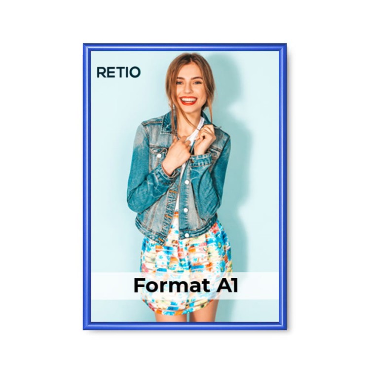 Ramka zatrzaskowa KRAST A1 (59,4 x 84,1 cm) aluminiowa niebieska z ostrym prostym narożnikiem rama ramka plakatowa OWZ ścienna na plakat na zdjęcia profil 25 mm