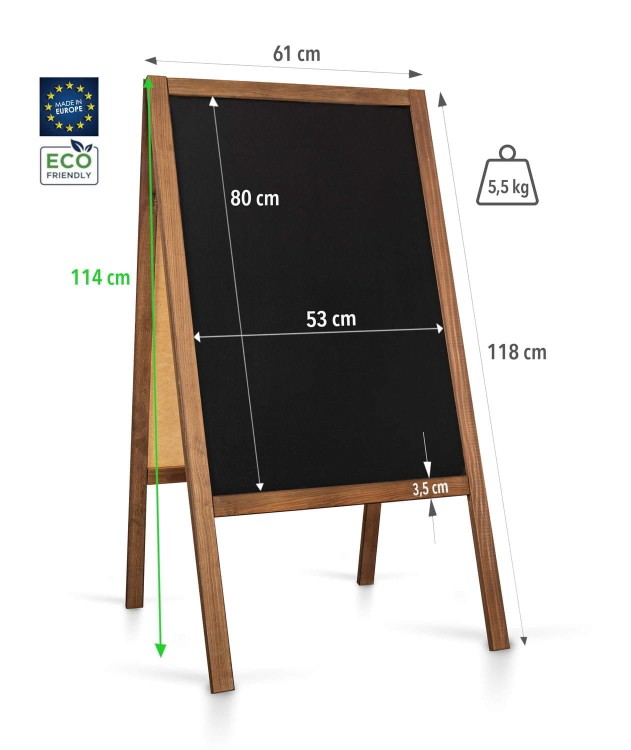 Doppelseitige Kreidetafel aus Holz L (61 x 118 cm) zum Beschreiben von Aufstellern, EU-Produktion