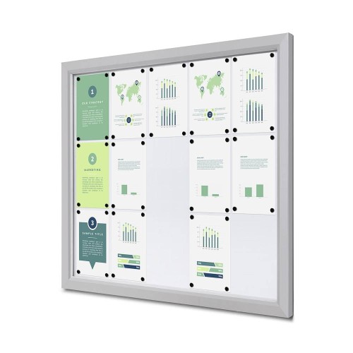 Gablota magnetyczna SLM 15xA4 108x91 cm z certyfikatem trudnopalności B1 zamykana na kluczyk do użytku zewnętrznego gablota zewnętrzna gablota ogłoszeniowa gablota informacyjna tablica ogłoszeń tablica informacyjna ogniotrwała srebrny