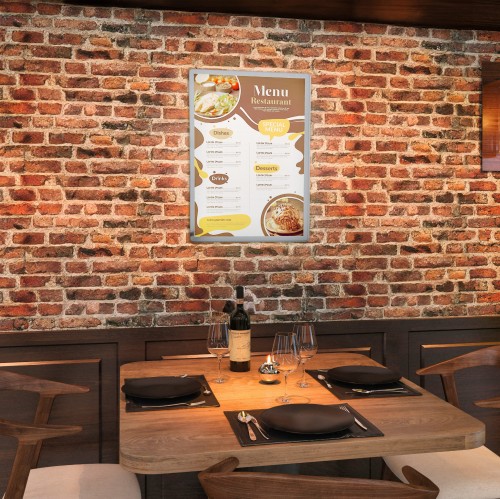 Ramka plakatowa A3 LED srebrna podświetlana w restauracji na MENU, na ścianie informacyjna w orientacji pionowej