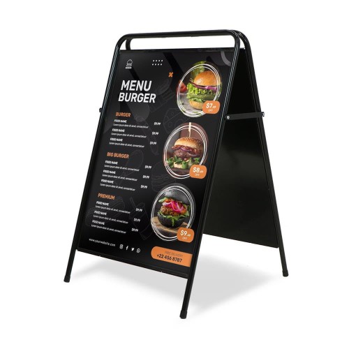 Potykacz reklamowy A1 - czarny stalowy potykacz reklamowy z odchylaną ramą i plecami ze stali