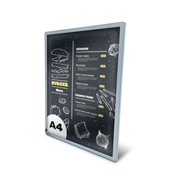 Ramka plakatowa LED podświetlana SUN A4 srebrna na biurko + uchwyty (21,0 x 29,7 cm) rama na plakat zdjęcia obraz podświetlana rama plakatowa