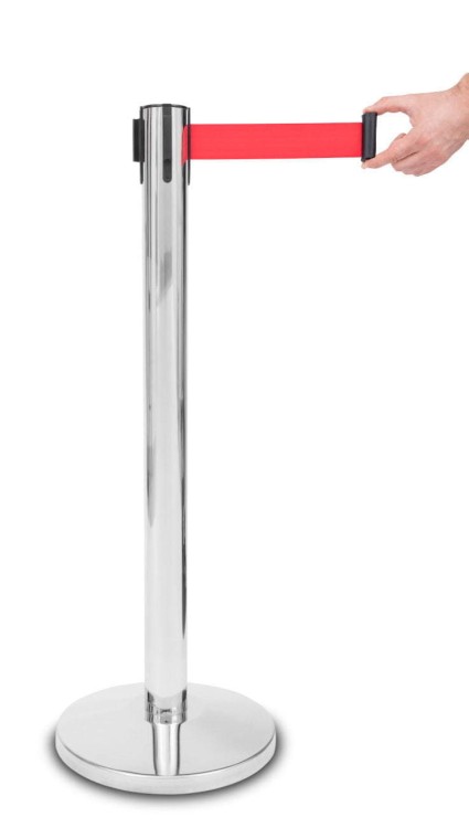 Aufrollpfosten mit rotem Band - 235 cm P-EXTBE Aufrollpfosten - Verchromt - Hotelzaunpfosten mit Aufrollband für Hotel, Restaurant und VIP-Bereich