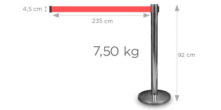Abmessungen des Bandpfostens - 235 cm P-EXTBE - Verchromt - Hotelzaunpfosten mit Band mit einziehbarem Band für Hotel, Restaurant und VIP-Bereich
