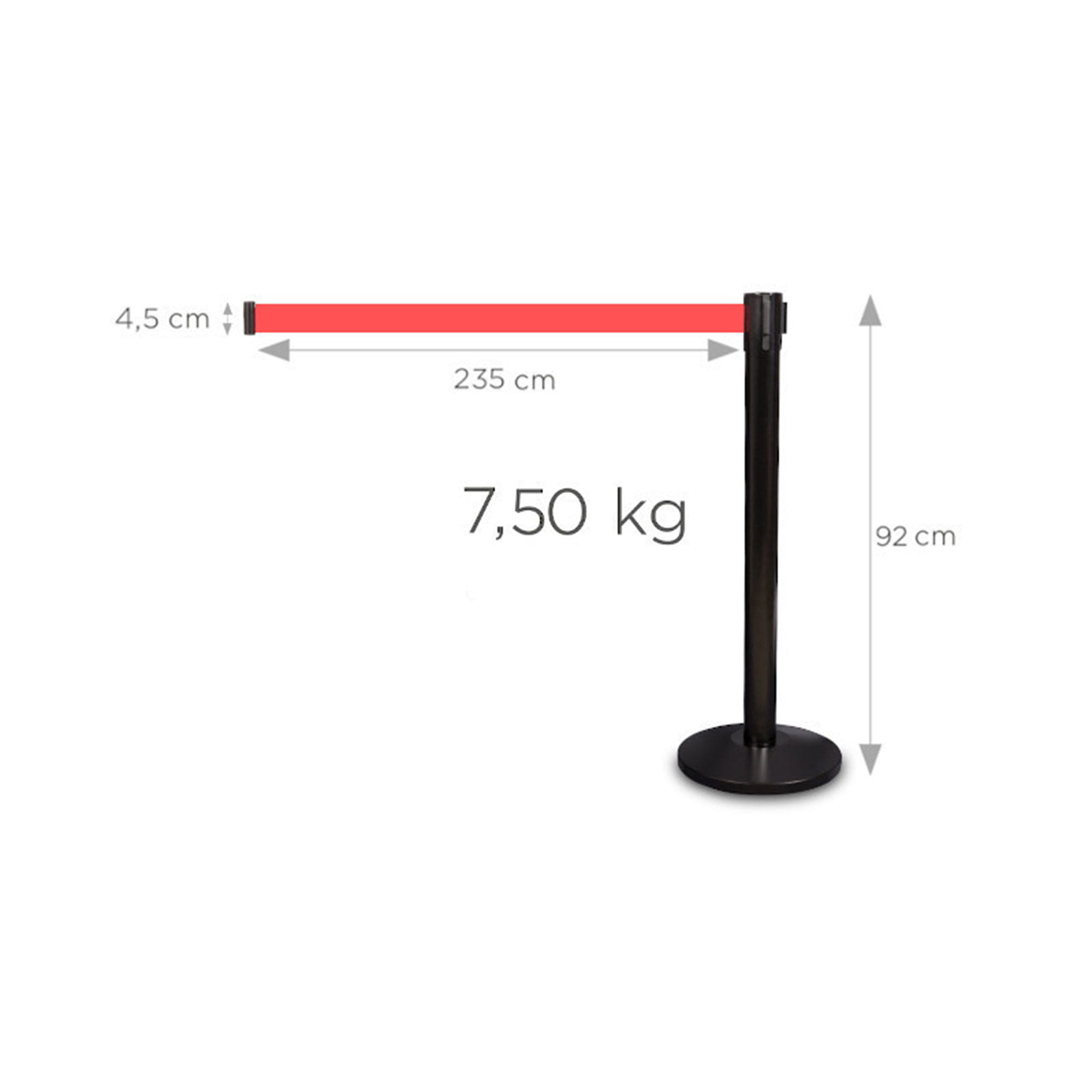 P-EXTBE Barrier Post With Rolled Tape 235 cm - Black - Barrier Post With Rolled Tape for Hotel, Restaurant and VIP Area