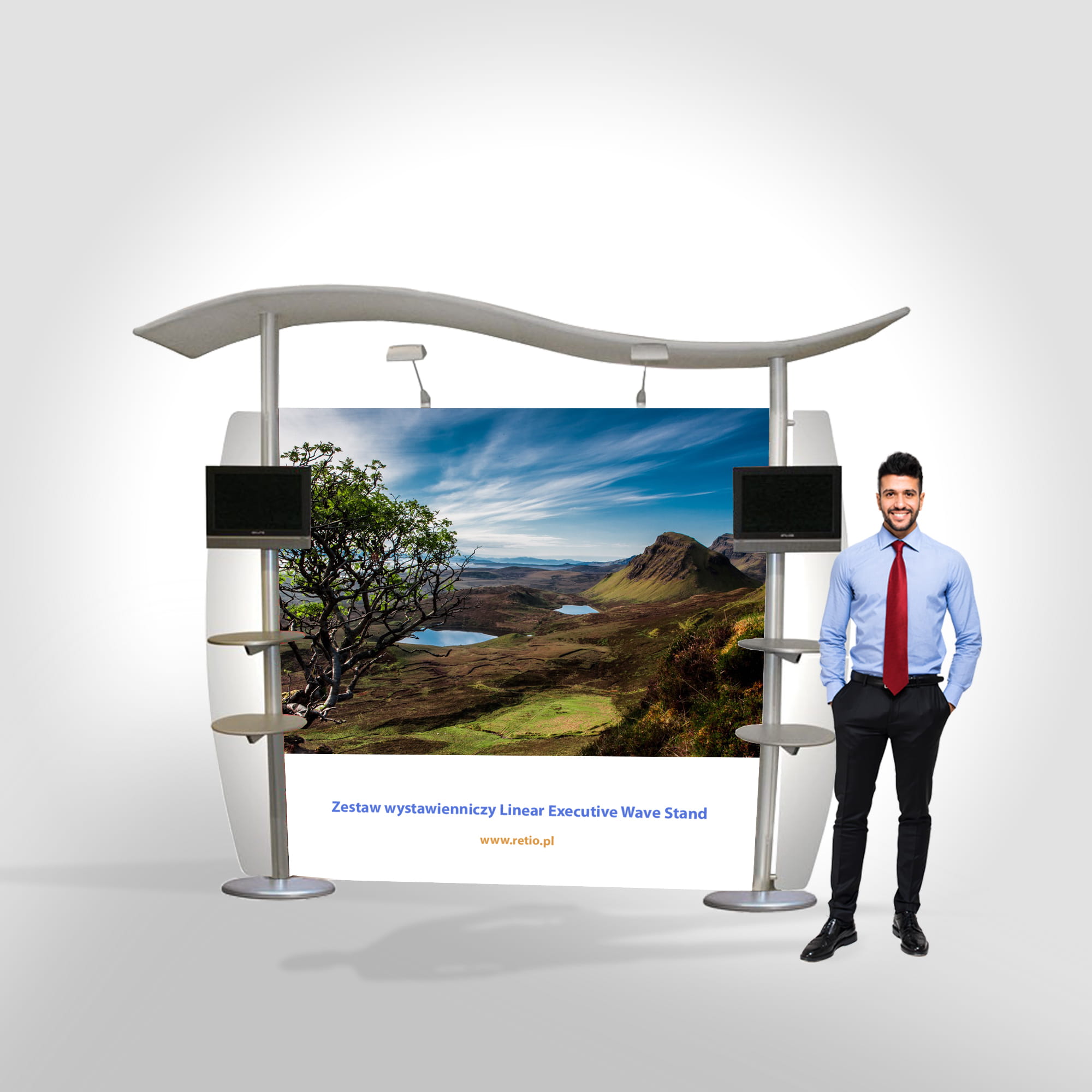 Linear Executive Wave Stand exhibition set 3 x 2.5 m (2 LCD holders + 4 pockets for leaflets)