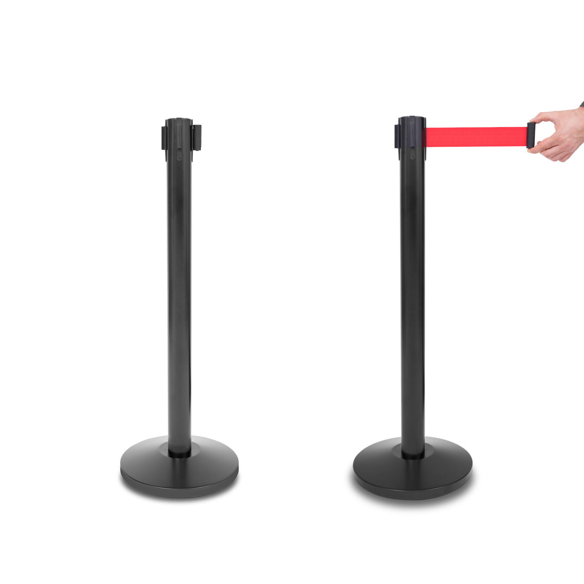 P-EXTBE Barrier Post With Rolled Tape 235 cm - Black - Barrier Post With Rolled Tape for Hotel, Restaurant and VIP Area