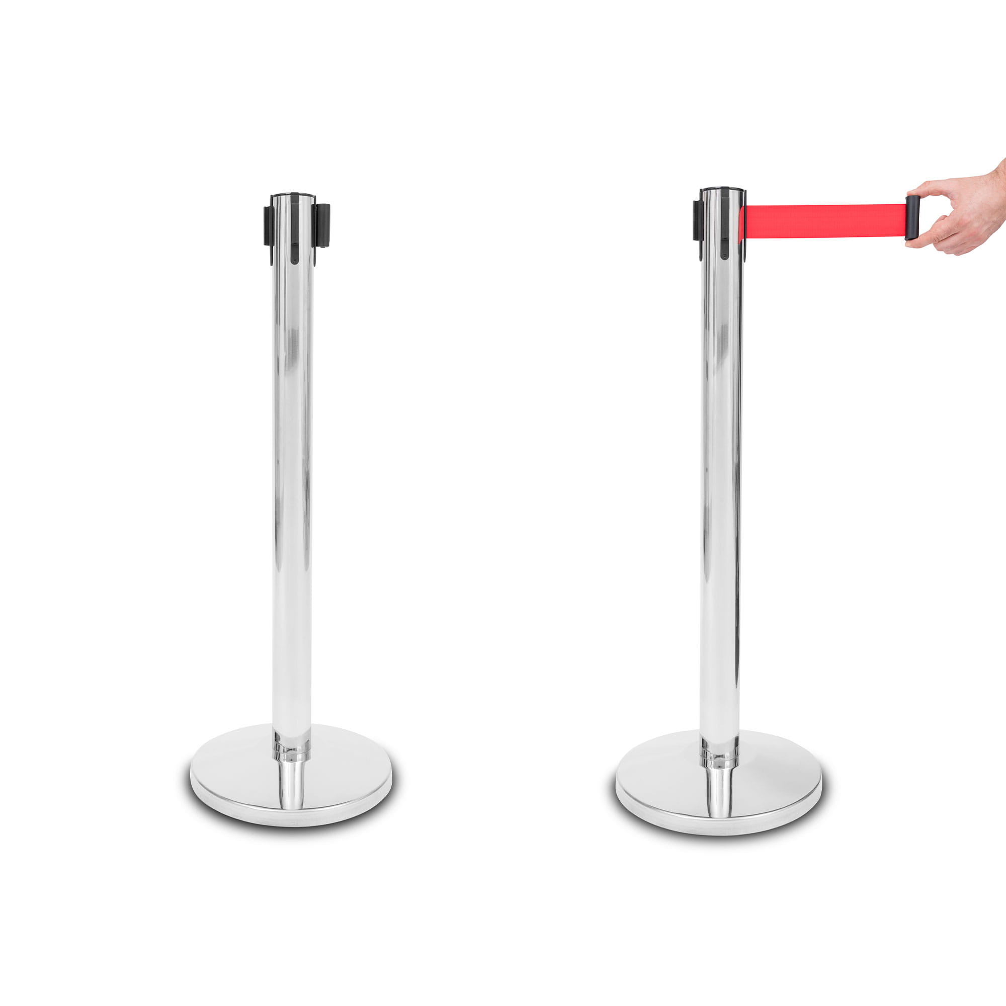 P-EXTBE Barrier Post With Rolled Tape 235 cm - Chrome - Barrier Post With Rolled Tape for Hotel, Restaurant and VIP Area