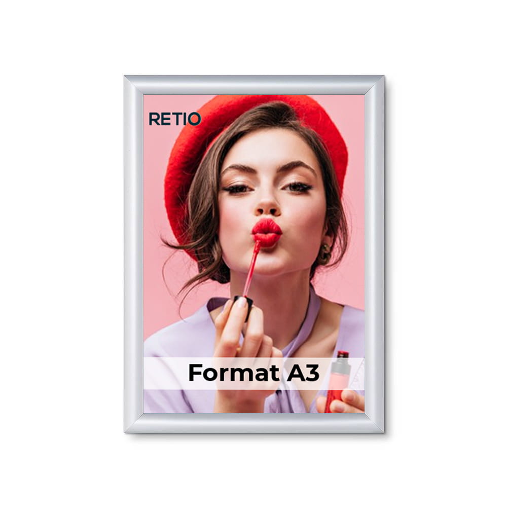 Ramka zatrzaskowa KRAST A3 (29,7 x 42,0 cm) aluminiowa srebrna z ostrym prostym narożnikiem rama ramka plakatowa OWZ ścienna na plakat na zdjęcia profil 25 mm