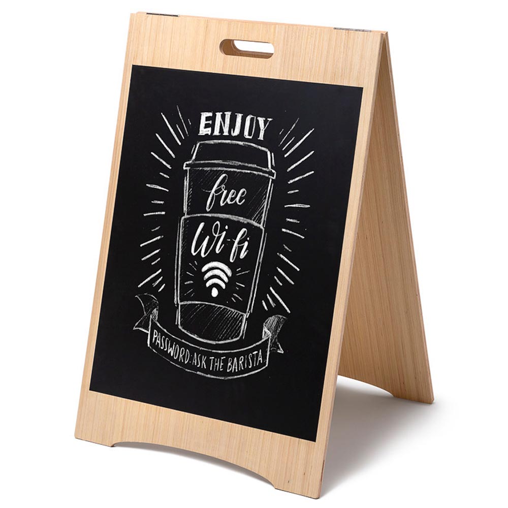 Dwustronny drewniany potykacz kredowy (51x65 cm) potykacz reklamowy z tablicą kredową i uchwytem