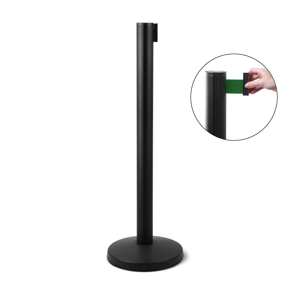 Post with a Winding Tape 270 cm J-EXTBE - Black With a Green Tape - A Barrier Post, a Post With a Rounded Tape For the Hotel, Restaurant and VIP Area